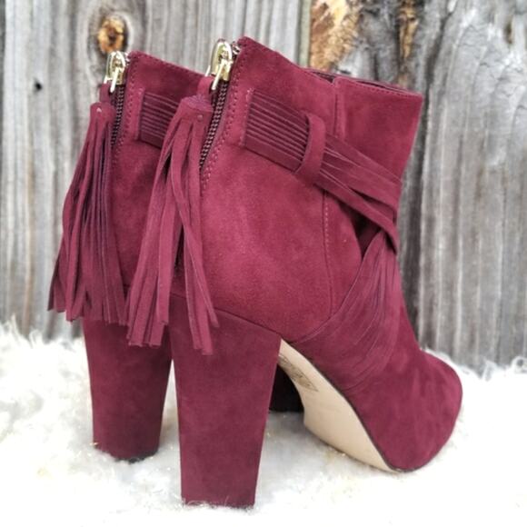 Red Boots WHBM Blayde Size 7 Strappy Ankle Bootie Heel Tassel Zip Suede Leather - Picture 7 of 13